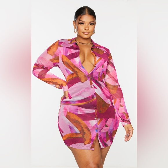 PrettyLittleThing Dresses & Skirts - NWT Pretty Little Thing Plus Pink Abstract Mesh Button Down Shirt Dress US 16